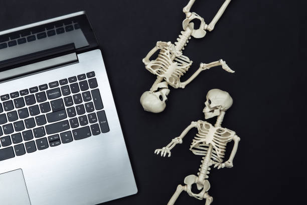 istock Laptop and skeletons on black  background. Halloween theme. Top view 1325932825