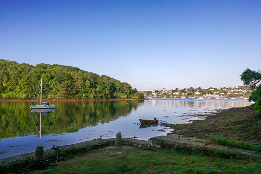 Porth Creek, with the Percuil River and St. Mawes beyond, from Trewince Quay, Roseland Peninsula, Cornwall, UK