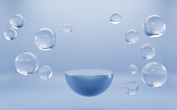istock Podium with air bubbles spheres on blue aqua background. Mock up abstract geometric hemisphere stage, empty platform with liquid balls or drops for display product underwater Realistic 3d illustration 1325934938