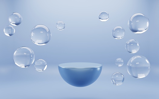 Podium with air bubbles spheres on blue aqua background. Mockup abstract geometric hemisphere stage, empty platform with liquid balls or drops for display product underwater Realistic 3d illustration