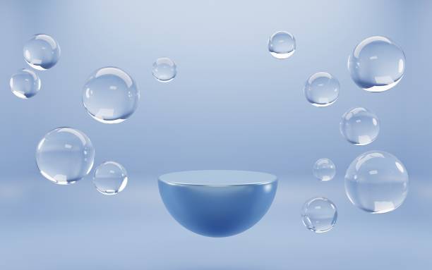 подиум с воздушными пузырьками сферы на синем фоне аква. mock до абстрактного геометрического полушария этапе, пустая платформа с жидкими ша� - sphere glass bubble three dimensional shape стоковые фото и изображения