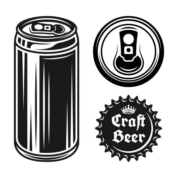 bierdose und kappe satz von vektorobjekten im monochromen stil isoliert auf weißem hintergrund - blechdose stock-grafiken, -clipart, -cartoons und -symbole