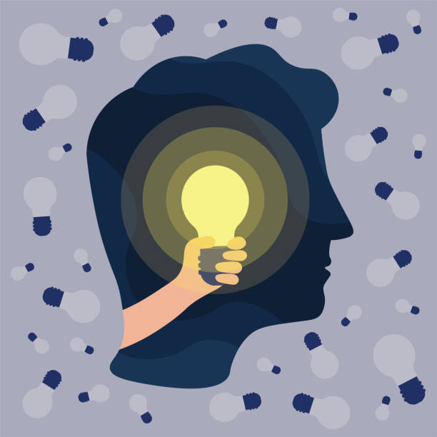 istock The origin of an idea, thinking, imagination, a hand with a lamp illuminates a head, business solution, a vector, an illustration 1325937853