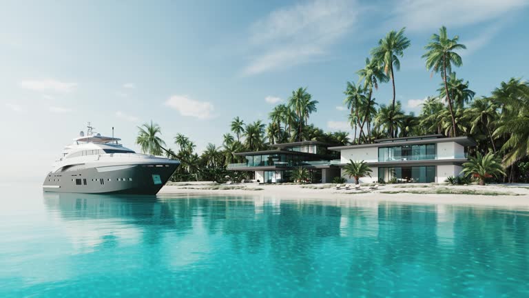 Luxurious villa with palm trees and yacht. Private house on the island.