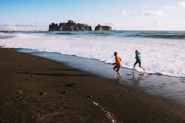 Children Play In The Surf At Pacific Ocean Beautiful textures and beach views of the Pacific Ocean from Washington States Olympic Peninsula.  A boy and girl run from the splashing waves at the waters edge, the sunset casting pink and orange colors on the water. washington state coast stock pictures, royalty-free photos & images