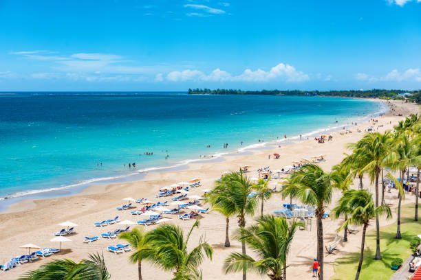 Puerto Rico San Juan beach vacation destination Puerto Rico beach travel vacation landscape background. Isla Verde resort in San Juan, famous tourist cruise ship destination in the Caribbean. caribbean culture stock pictures, royalty-free photos & images