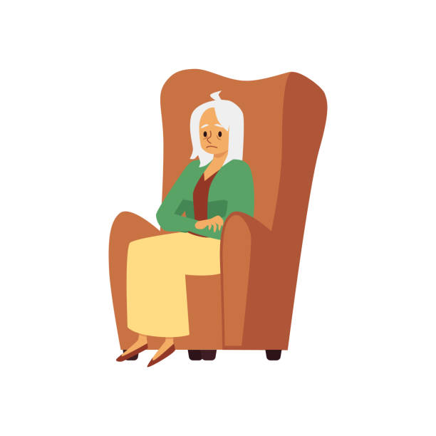 Tired sad aged woman sit in armchair a flat vector illustration. Tired sad aged woman sit in armchair. Elderly exhausted female person. Flat cartoon vector illustration isolated on white. sad old woman stock illustrations