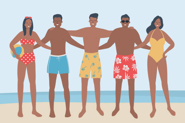 illustrations, cliparts, dessins animés et icônes de des gens heureux en vêtements de plage se tiennent debout sur le bord de mer - swimming trunks shorts swimming shorts clothing