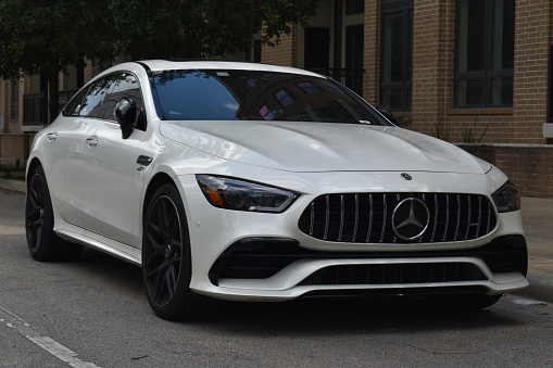 Houston, Texas, June, 2021:  This 2021 AMG GT 43 4-door Coupe driven by a easy going fellow pulled up to our amazement. Explore our online portfolio for more photos of this luxury sports car.