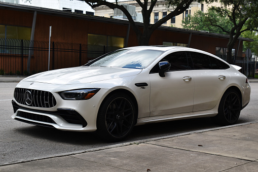 Houston, Texas, June, 2021:  This 2021 AMG GT 43 4-door Coupe driven by a easy going fellow pulled up to our amazement.