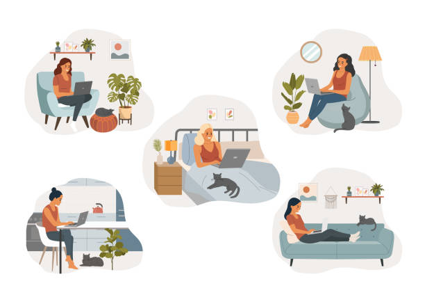 Young woman with laptop in home interior.  Vector flat cartoon illustration