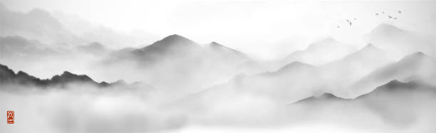 Misty mountains with gentle slopes and flock of birds in the sky. Traditional oriental ink painting sumi-e, u-sin, go-hua. Misty mountains with gentle slopes and flock of birds in the sky. Traditional oriental ink painting sumi-e, u-sin, go-hua oriental culture stock illustrations