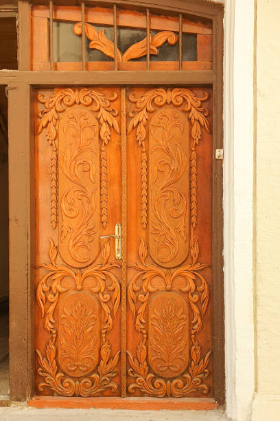 Antique wooden door in the old city in Baku, Azerbaijan. stock photo