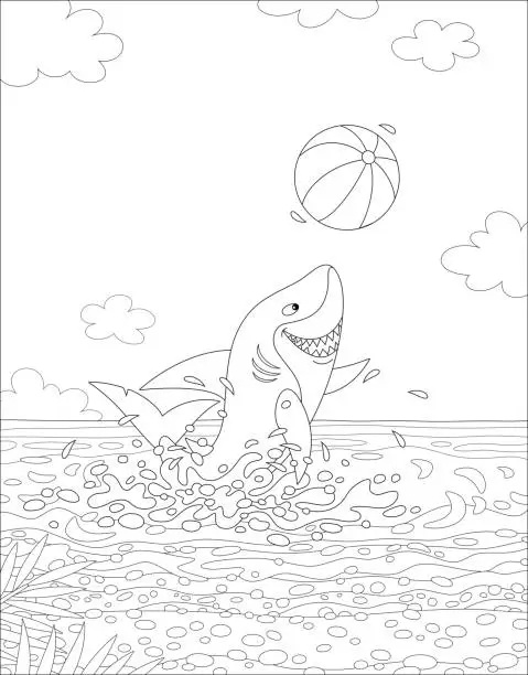 Vector illustration of Funny great white shark playing a ball