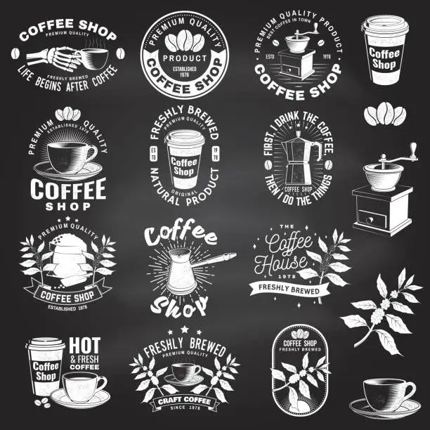 Vector illustration of Set of Coffe shop logo, badge template on the chalkboard. Vector. Typography design with coffee grinder and coffee maker silhouette. Template for menu for restaurant, cafe, bar, packaging