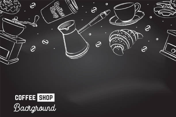 커피숍, 레스토랑, 카페, 바를 위한 매끄러운 패턴. 카페 메뉴 배경. 벡터. 칠판에 커피, 크루아상, 컵, 콩, 분쇄기 및 분쇄기 - coffee coffee crop sign cafe stock illustrations