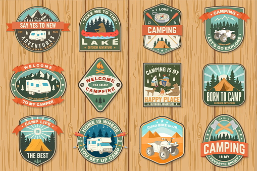 Set of camping badges. Vector. Patch or sticker. Concept for shirt or logo, print, stamp or tee. Vintage typography design with quad bike, tent, mountain, camper trailer and forest silhouette.