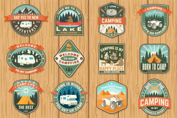 Vector illustration of Set of camping badges. Vector Patch or sticker. Concept for shirt or logo, print, stamp or tee. Vintage typography design with quad bike, tent, mountain, camper trailer and forest silhouette.