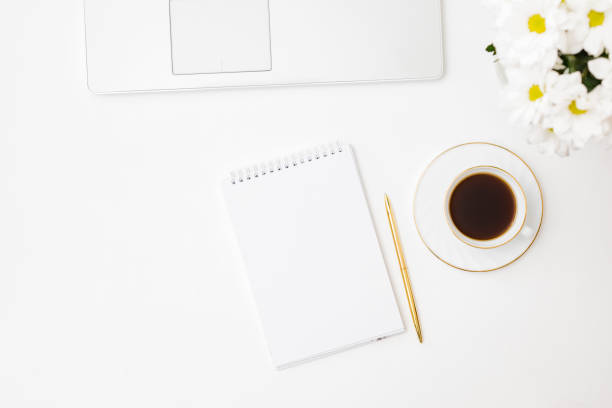 istock Mockup white notebook, laptop, cup of coffee on a white background 1325956455
