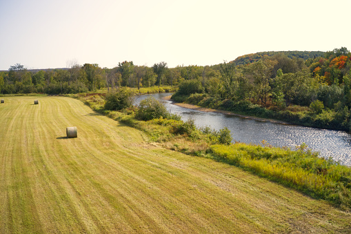 Aerial view of a field of hay in the country by a little river in the fall