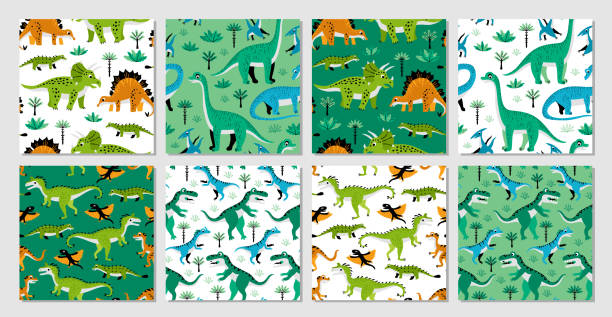 ilustrações, clipart, desenhos animados e ícones de conjunto vetorial de oito padrões perfeitos com dinossauros, design vetorial - monster set pattern green