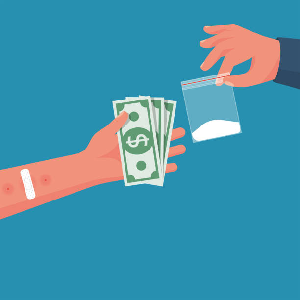 Drug Trade. Drug deal. The dealer holds the dose in the package Drug Trade. Drug deal. The dealer holds the dose in the package. Drug addict with money in hand. Abuse and addiction. Vector illustration flat design. Isolated on background. giving medication stock illustrations