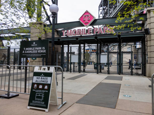 View of the entrance to T-Mobile Park on an overcast day Seattle, WA USA - circa May 2021: View of the entrance to T-Mobile Park on an overcast day. american league baseball stock pictures, royalty-free photos & images