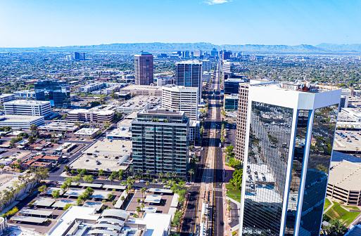 Aerial view looking south on Central Ave in Phoenix Arizona in the morning