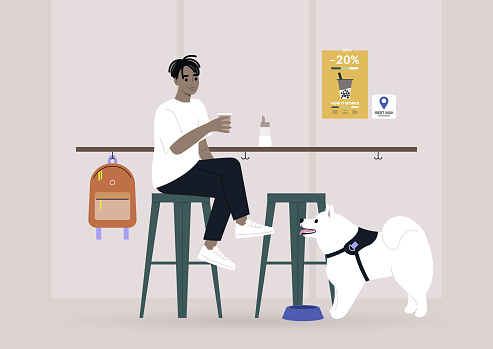 Young male Black character drinking coffee at the bar counter of a dog-friendly place, modern lifestyle