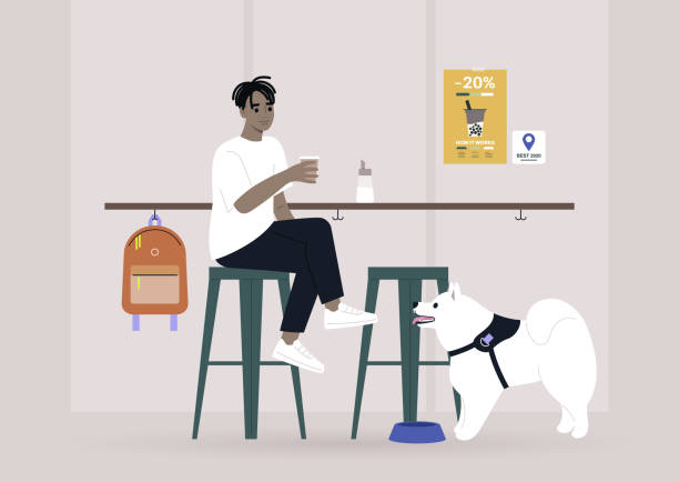 Young male Black character drinking coffee at the bar counter of a dog-friendly place, modern lifestyle Young male Black character drinking coffee at the bar counter of a dog-friendly place, modern lifestyle barista stock illustrations