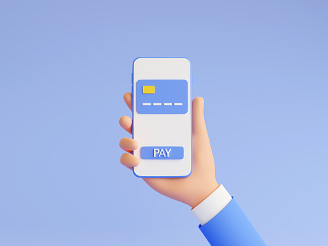 Online payment 3d render illustration with human hand in blue business suit holding mobile phone with credit card and pay button on touch screen. Money transfer and electronic wallet concept.