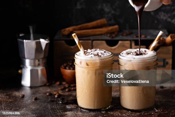 Iced Coffee Macchiato Stock Photo - Download Image Now - Coffee - Drink, Froth Art, Syrup