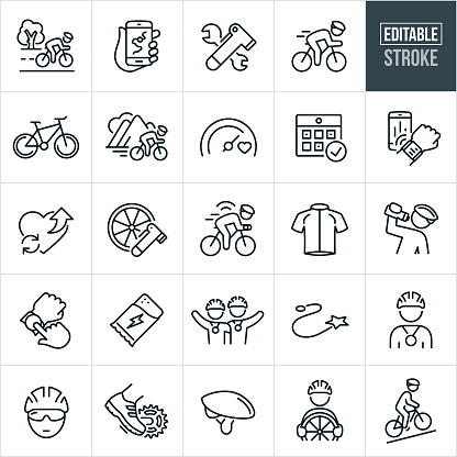 A set of cycling icons that include editable strokes or outlines using the EPS vector file. The icons include a road bike, cyclist riding bicycle on road, GPS map on smartphone, cycling equipment, tools, bike pump, bike repair, cyclist riding bicycle, road bike, cyclist speeding with mountains in background, health goal, cycling schedule on calendar, GPS sport watch, wearable technology, bicycle wheel and tire, cycling jersey, cyclist drinking from water bottle, energy bar, cyclists with finishing medals, race course, cyclist with winners medal, cyclist with wearing bike helmet, cyclist shoe pedaling, bike helmet, cyclist holding bicycle wheel and a cyclist climbing a hill to name a few.