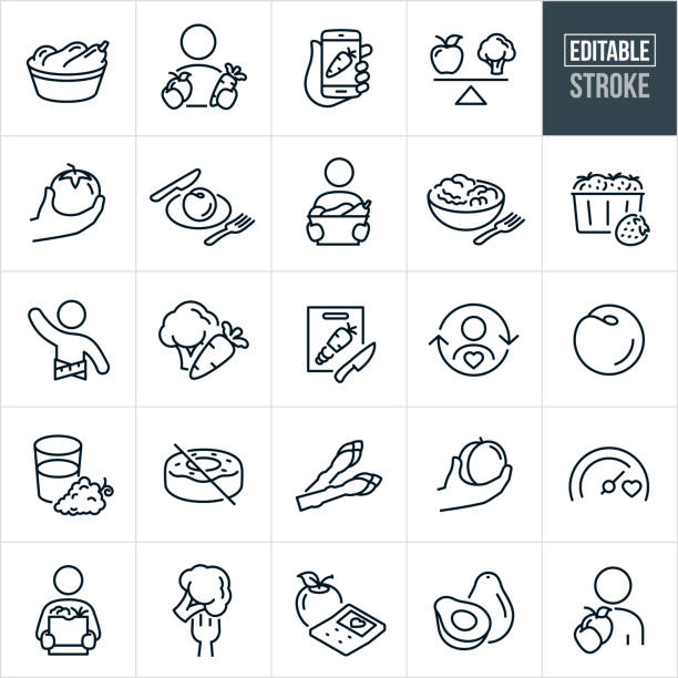 Healthy Eating Thin Line Icons - Editable Stroke A set of healthy eating icons that include editable strokes or outlines using the EPS vector file. The icons include a basket full of fresh vegetables, person holding an apple in one hand and a carrot in the other, smartphone with carrot on screen, balanced scale with an apple on one end and broccoli on the other, hand holding a tomato, peach on a plate, person holding a basket of vegetables, fresh salad in a bowl, strawberries, person with tape measure meeting weight loss goals, broccoli and carrot, healthy person, peach, grape juice, asparagus, hand holding peach, health goal meter, person holding bag of fresh produce, broccoli on a fork, apple and calculator, avocado and a person holding an apple. diets stock illustrations