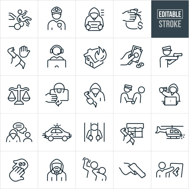 Crime Thin Line Icons - Editable Stroke A set crime icons that include editable strokes or outlines using the EPS vector file. The icons include criminals and law enforcement. They include a person being hit by a car, police officer, criminal in police lineup, hand taking money bag, criminal with crowbar, police dispatcher, house on fire from arson, hand holding cash buying drugs, police officer with gun drawn, scales of justice, person steeling purse, criminal being hand cuffed by police officer, criminal at computer with stolen credit card, cybercriminal, online crime, police car racing, criminal behind bars, home break-in, police helicopter, hands passing drugs, hazmat suit, domestic violence, violence, hand holding handgun and crime evidence police force stock illustrations