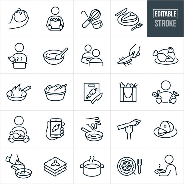 ilustrações de stock, clip art, desenhos animados e ícones de cooking thin line icons - editable stroke - dinner