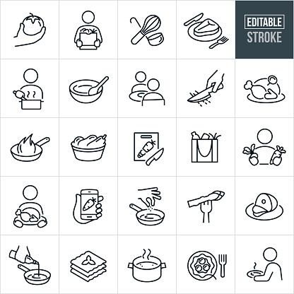 A set cooking icons that include editable strokes or outlines using the EPS vector file. The icons include a hand holding a tomato, person holding a bag of groceries, ladle and wire whisk, steak on a plate, person stirring pot while cooking, mixing bowl with wooden spoon, two people eating at table, knife cutting cooking ingredients, turkey with thermometer, frying pan cooking, basket of vegetables, carrot cut on cutting board, bag of fresh grocery ingredients, person holding a radish in one hand and a carrot in the other, person holding a turkey on a serving tray, recipe on mobile phone, cooking spices being added to frying pan, asparagus on fork, ham on serving plate, olive oil being poured into frying pan, lasagna, pot boiling water, spaghetti on plate and a person holding a plate with a meal.