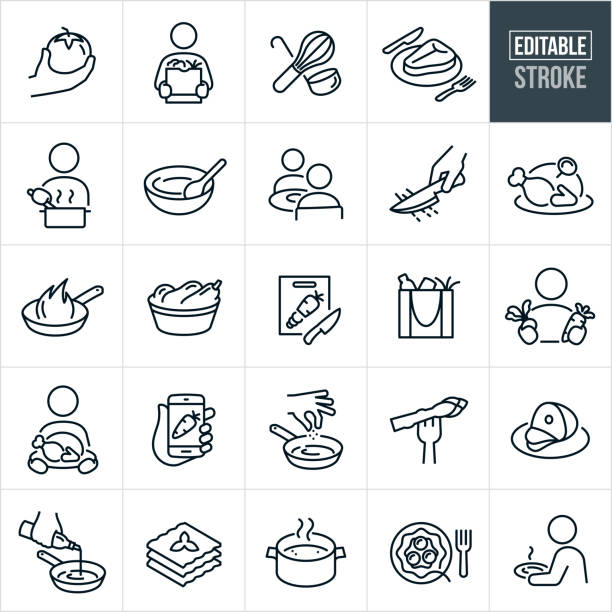 Cooking Thin Line Icons - Editable Stroke A set cooking icons that include editable strokes or outlines using the EPS vector file. The icons include a hand holding a tomato, person holding a bag of groceries, ladle and wire whisk, steak on a plate, person stirring pot while cooking, mixing bowl with wooden spoon, two people eating at table, knife cutting cooking ingredients, turkey with thermometer, frying pan cooking, basket of vegetables, carrot cut on cutting board, bag of fresh grocery ingredients, person holding a radish in one hand and a carrot in the other, person holding a turkey on a serving tray, recipe on mobile phone, cooking spices being added to frying pan, asparagus on fork, ham on serving plate, olive oil being poured into frying pan, lasagna, pot boiling water, spaghetti on plate and a person holding a plate with a meal. food state stock illustrations