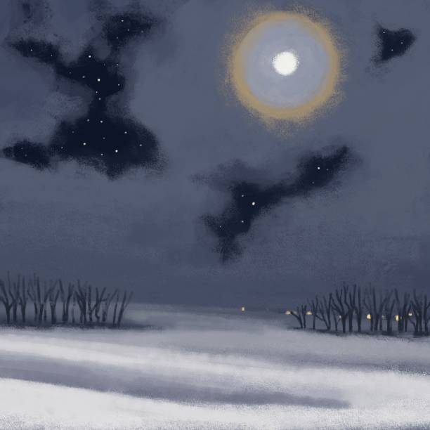 美しいファンタジー風景。居心地の良い冬の夜。空の月。自然のデジタルイラスト。白で分離されたラスター画像。ポスター、カード、印刷、ステッカー、装飾のための油絵のスタイルのア� - silhouette snow digitally generated image illustration and painting点のイラスト素材／クリップアート素材／マンガ素材／アイコン素材
