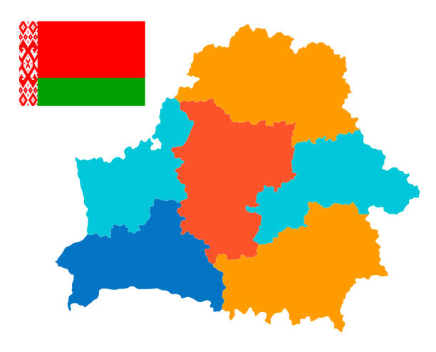illustrazioni stock, clip art, cartoni animati e icone di tendenza di mappa della bielorussia. illustrazione vintage vettoriale con regioni, bordi e bandiera nazionale - daugava river