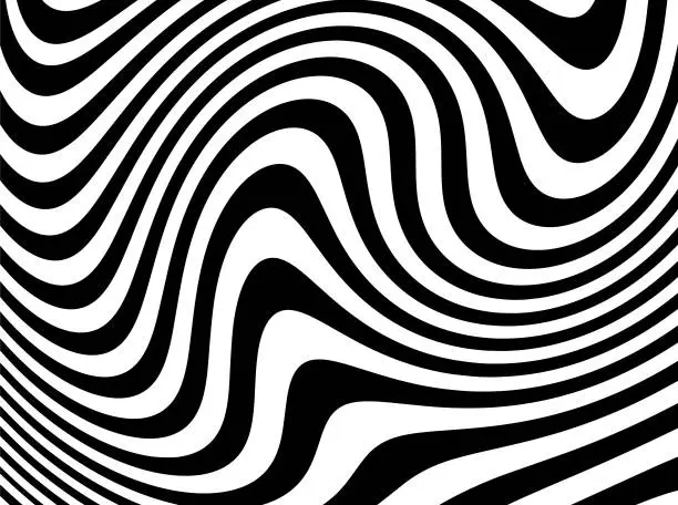 Vector illustration of Vector black and white stripe vortex, 3d rippled effect, abstract geometric background, design art, psychedelic shape, spiral design