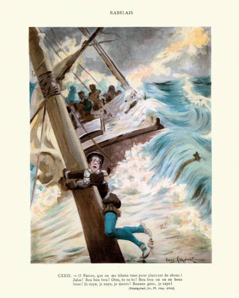 Francois Rabelais, How Pantagruel met with a great storm at sea. Vintage illustration of a scene from Francois Rabelais's Gargantua and Pantagruel, by Jules Garnier. Book 4. Chap XVIII. How Pantagruel met with a great storm at sea. sinking ship pictures pictures stock illustrations