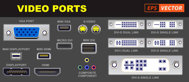 ilustraciones, imágenes clip art, dibujos animados e iconos de stock de símbolos del conector universal de vídeo - cable audio equipment electric plug computer cable