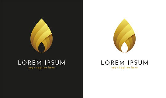 Gold colored fire flame or droplet icon. Golden logo vector design template.