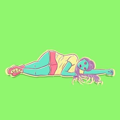 Conceptual art of the sloth sin. Sluggish and apathetic woman full of boredoom laying on the ground. Colorful vector illustration of a female from the catholic bible stories.