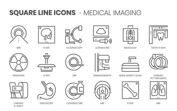 medical imaging related, square line vector icon set. - tıp cihazları stock illustrations