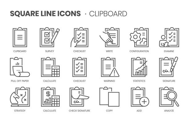 illustrazioni stock, clip art, cartoni animati e icone di tendenza di set di icone del vettore a linea quadrata correlate agli appunti - checkbox checklist check mark clipboard