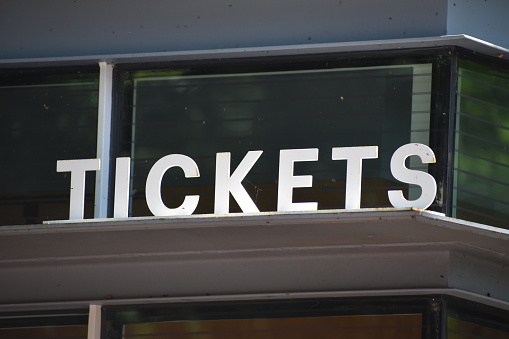 June 2021, Houston Texas - Ticket sign at a major event in Houston Texas. Tickets locations are of the first concerns patrons have when entering an event. This photo serves as a perfect example of a highly visible sign which improves customer satisfaction.