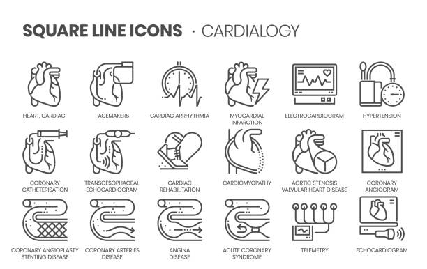 illustrazioni stock, clip art, cartoni animati e icone di tendenza di set di icone vettoriali a linea quadrata correlate alla cardiologia. - battito del cuore