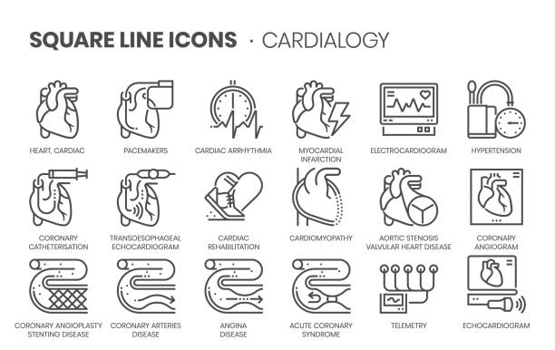 ilustrações, clipart, desenhos animados e ícones de relacionado à cardiologia, conjunto de ícones vetoriais de linha quadrada. - heartbeat